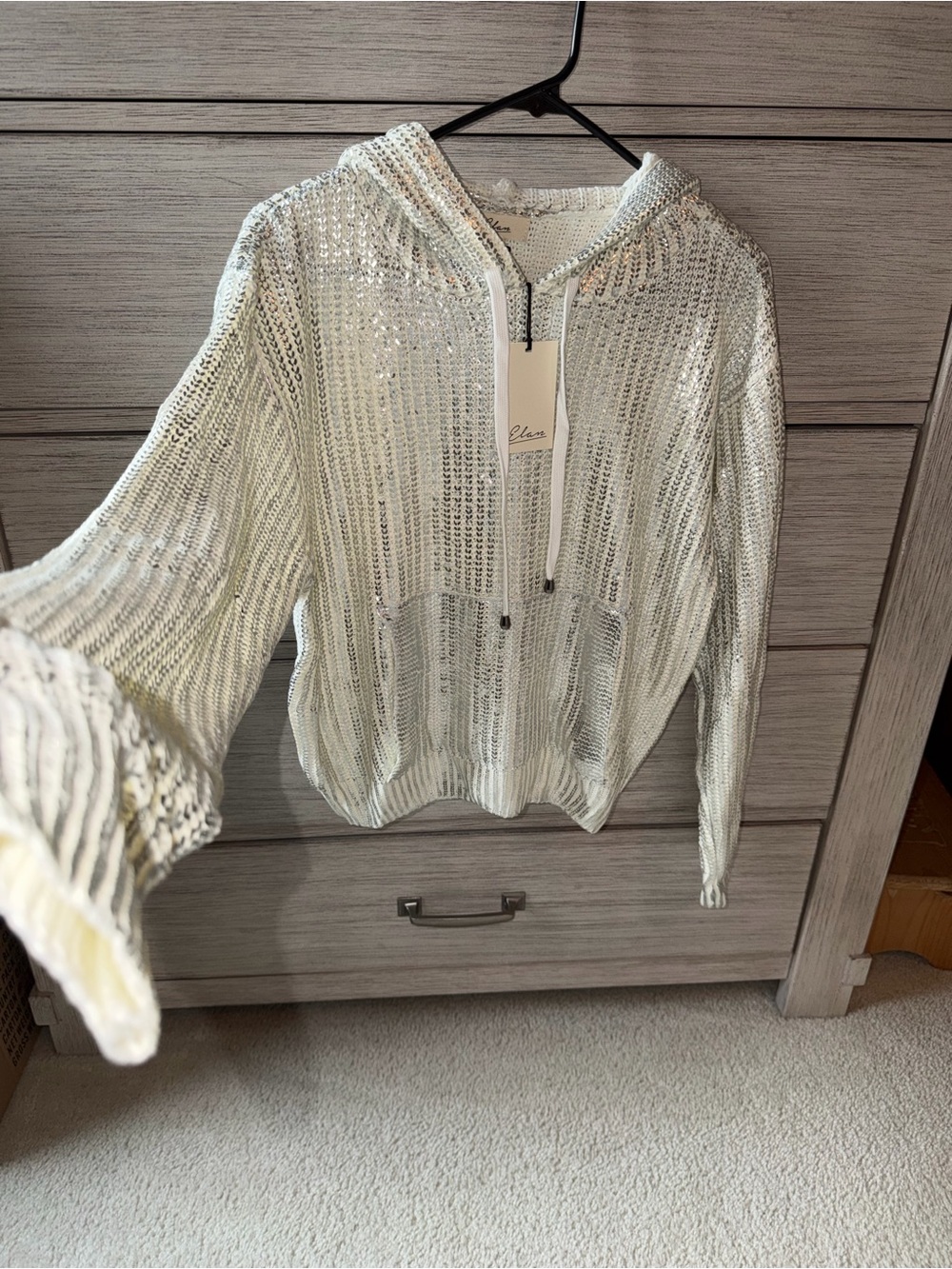 Elan Metallic Cream Sequin Hooded Pullover